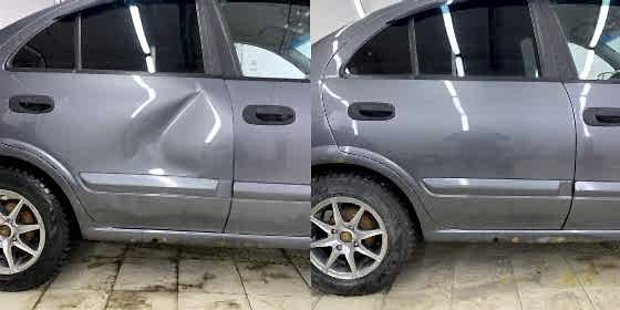 Ремонт вмятины задней правой двери Nissan Almera без покраски